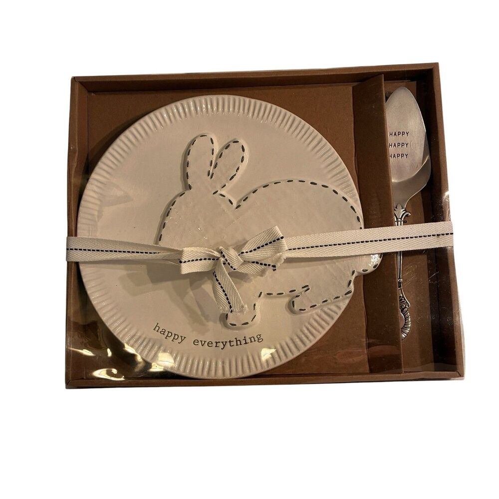 Mud Pie Bunny Ceramic Dessert Plate W/ HAPPY EVERYTHING And Server W/ Happy